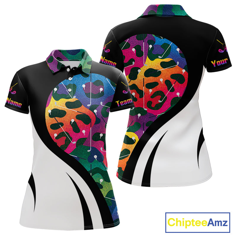 Colorful Rainbow Leopard Women's Golf Polo Shirt mockup featuring vibrant rainbow leopard print, personalized women's golf apparel, custom golf team polo, breathable performance golf shirt, stylish golf tournament outfit, animal print golf clothing, golf club uniform, gift for women golfers.