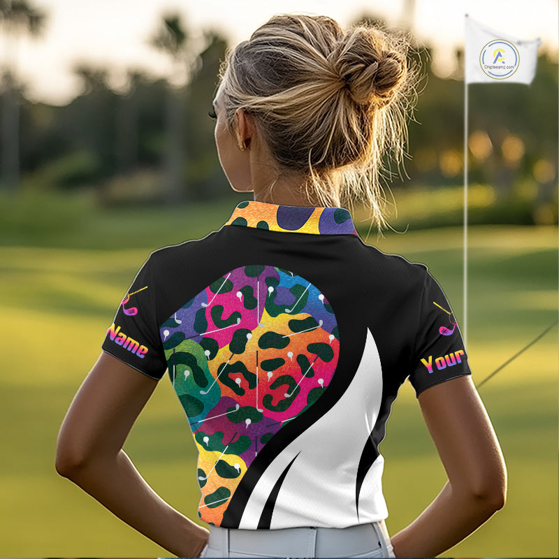 Women's model wearing oversized Colorful Rainbow Leopard Golf Polo Shirt, trendy golf apparel, colorful animal print sportswear, custom golf team clothing, golf lifestyle fashion, matching golf tournament outfit.