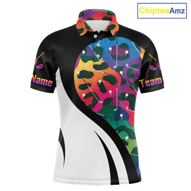 Colorful Rainbow Leopard Men's Golf Polo Shirt mockup with colorful leopard pattern, custom name golf polo, moisture-wicking performance golf shirt, personalized golf team jersey, stylish golf apparel, golf club outfit, animal print golf clothing, golf tournament gift.