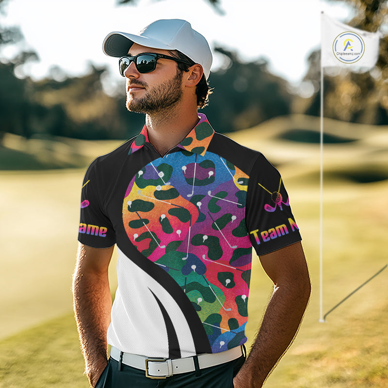 Men's model wearing Colorful Rainbow Leopard Golf Polo Shirt, personalized golf apparel, modern golf fashion, golf league uniform, performance polo, custom golf team shirt, animal print sportswear, golf enthusiast gift.