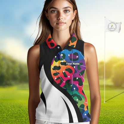 Women's model wearing oversized Colorful Rainbow Leopard Golf Polo Shirt, trendy golf apparel, colorful animal print sportswear, custom golf team clothing, golf lifestyle fashion, matching golf tournament outfit.