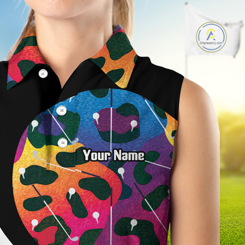 Women's model wearing oversized Colorful Rainbow Leopard Golf Polo Shirt, trendy golf apparel, colorful animal print sportswear, custom golf team clothing, golf lifestyle fashion, matching golf tournament outfit.
