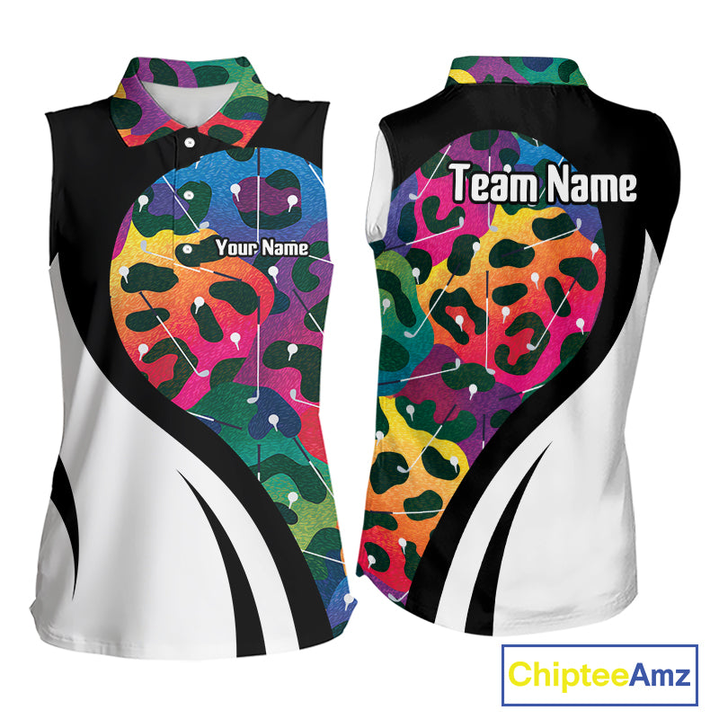 Colorful Rainbow Leopard Sleeveless Golf Polo Shirt mockup for men featuring vibrant rainbow leopard print, personalized golf team apparel, performance golf wear, breathable athletic polo, custom golf tournament shirt, animal print sports fashion, golf league uniform.