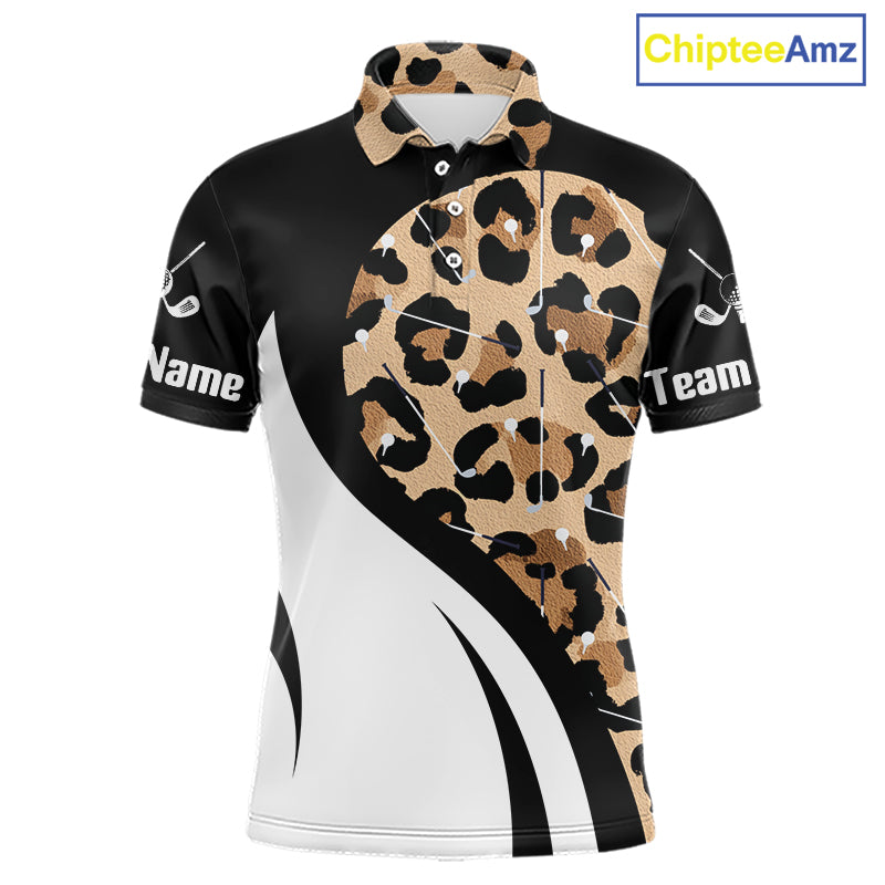 Brown Leopard Pattern Men's Golf Polo Shirt mockup, personalized golf polo, leopard print golf apparel, breathable golf shirt, golf club uniform, custom team golf jersey, stylish outdoor sportswear, golf tournament clothing.