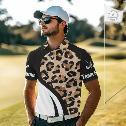 Men's model wearing Brown Leopard Golf Polo Shirt, personalized golf outfit, animal print golf fashion, custom golf team apparel, golf tournament uniform, breathable performance golf polo.