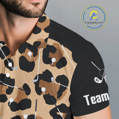 Men's model wearing Brown Leopard Golf Polo Shirt, personalized golf outfit, animal print golf fashion, custom golf team apparel, golf tournament uniform, breathable performance golf polo.