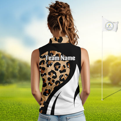 Women's model wearing Brown Leopard Golf Polo Shirt, fashionable golf apparel, leopard sportswear, matching golf couple outfit, personalized golf team clothing, stylish golf gift.