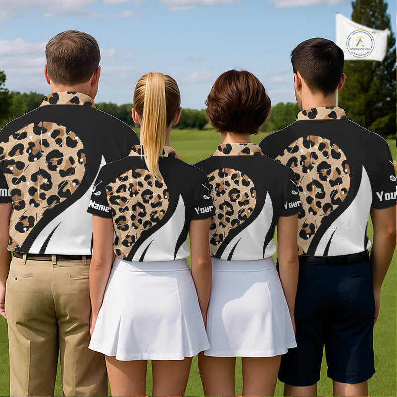 Golf team wearing Brown Leopard Pattern Golf Polo Shirts, custom golf uniforms, golf club apparel, golf tournament jerseys, personalized golf outing shirts, safari-inspired golf clothing.