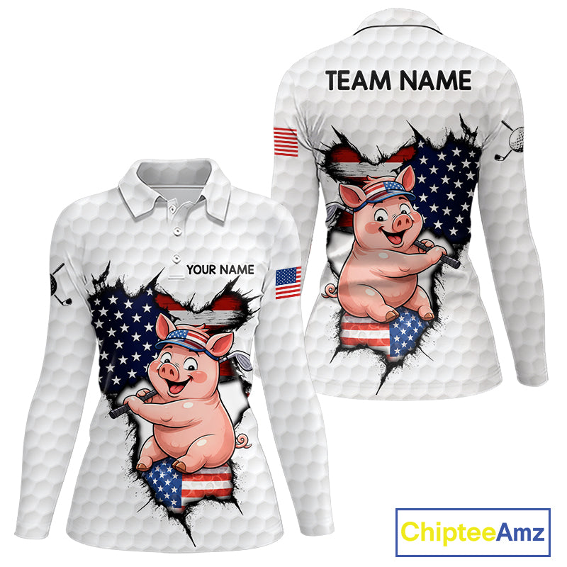 Personalized Funny Pig Women's Patriot Golf Polo Shirt mockup featuring pig mascot and American flag, custom women's golf apparel, patriotic golf clothing, performance golf polo, golf tournament outfit, Father's Day golf gift.