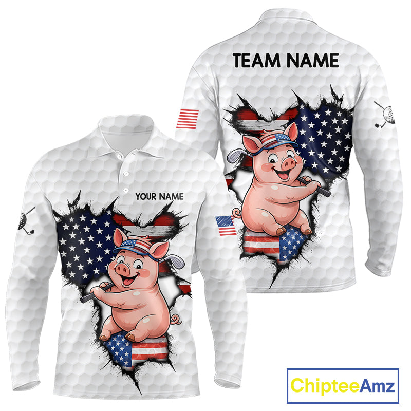 Funny Pig Patriot Men's Golf Polo Shirt mockup, personalized American flag golf shirt, pig mascot golf apparel, custom golf team polo, patriotic golf clothing, golf tournament jersey.