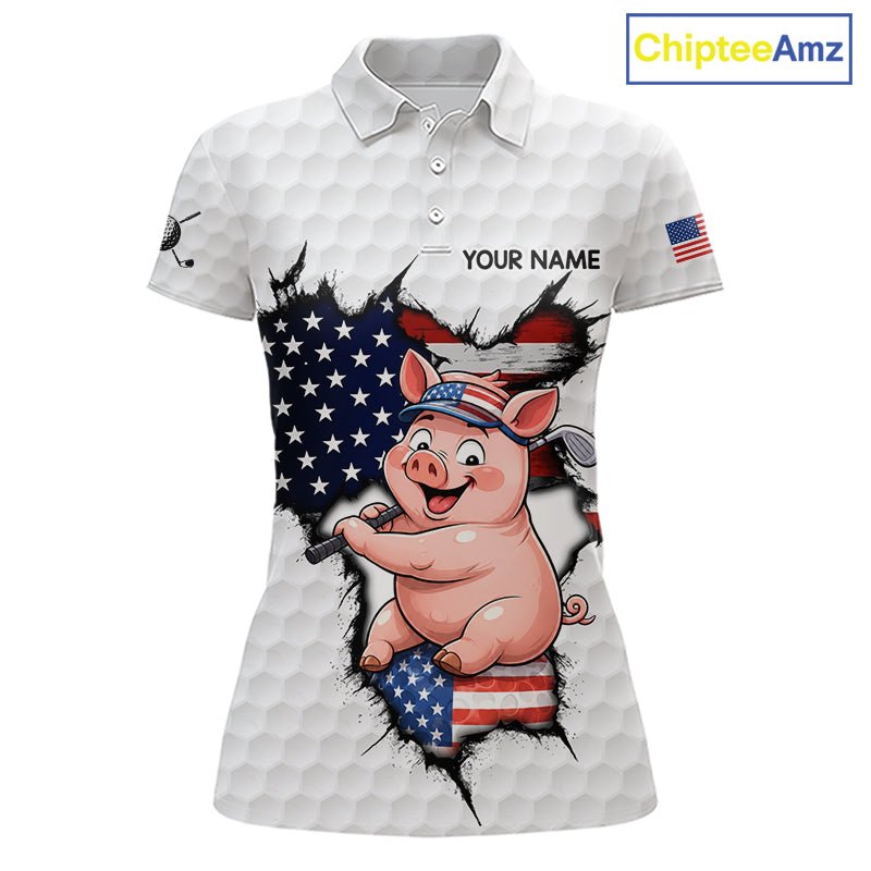 Personalized Funny Pig Women's Patriot Golf Polo Shirt mockup featuring pig mascot and American flag, custom women's golf apparel, patriotic golf clothing, performance golf polo, golf tournament outfit, Father's Day golf gift.