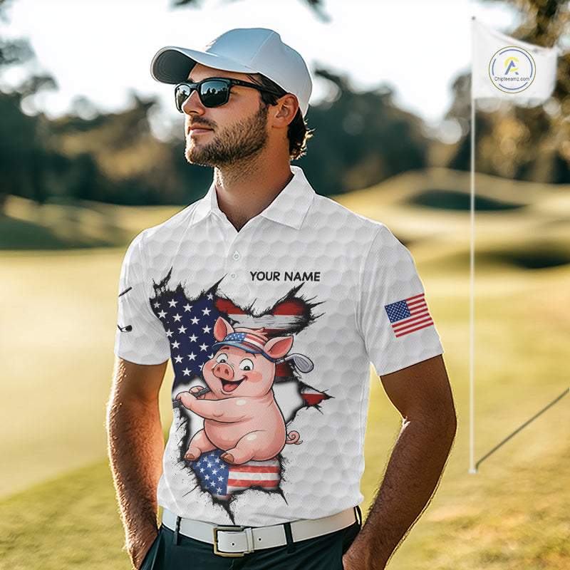 Men's model wearing Funny Pig Patriot Golf Polo Shirt, patriotic golf apparel, American flag golf fashion, custom golf clothing, personalized golf team outfit.