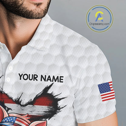 Men's model wearing Funny Pig Patriot Golf Polo Shirt, patriotic golf apparel, American flag golf fashion, custom golf clothing, personalized golf team outfit.