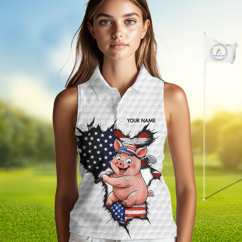 Women's model wearing Funny Pig Patriot Golf Polo Shirt, patriotic golf fashion, farm animal golf apparel, oversized golf clothing, matching golf team outfit.