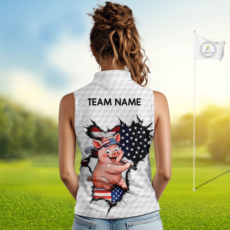Women's model wearing Funny Pig Patriot Golf Polo Shirt, patriotic golf fashion, farm animal golf apparel, oversized golf clothing, matching golf team outfit.