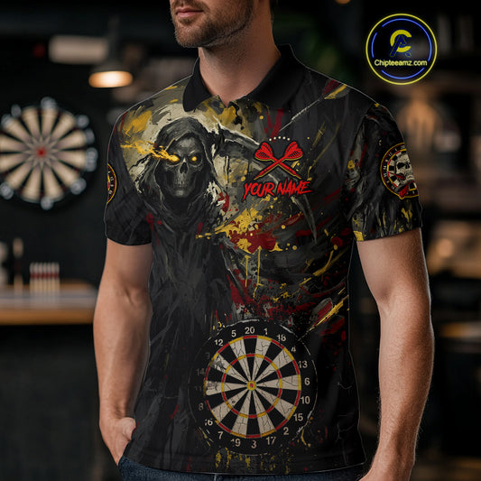 Custom Red Yellow Splatter Grim Reaper Men Darts Polo Shirt Cracked Dart Jerseys NYN1980