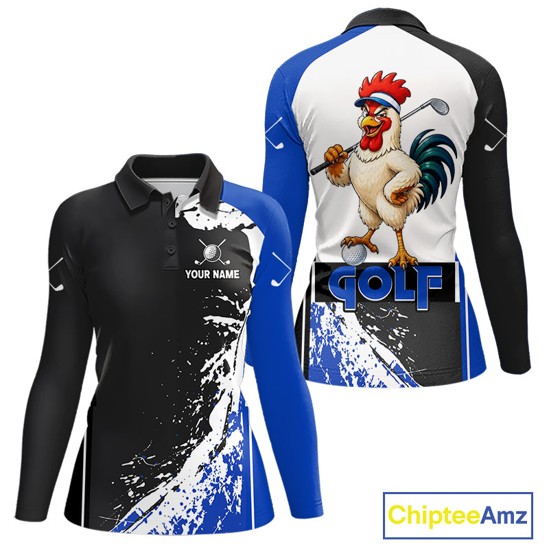 Funny Rooster Women's Golf Polo Shirt mockup with blue splatter design, personalized golf polo, rooster mascot golf apparel, custom golf team clothing, breathable performance golf shirt, golf league uniform.
