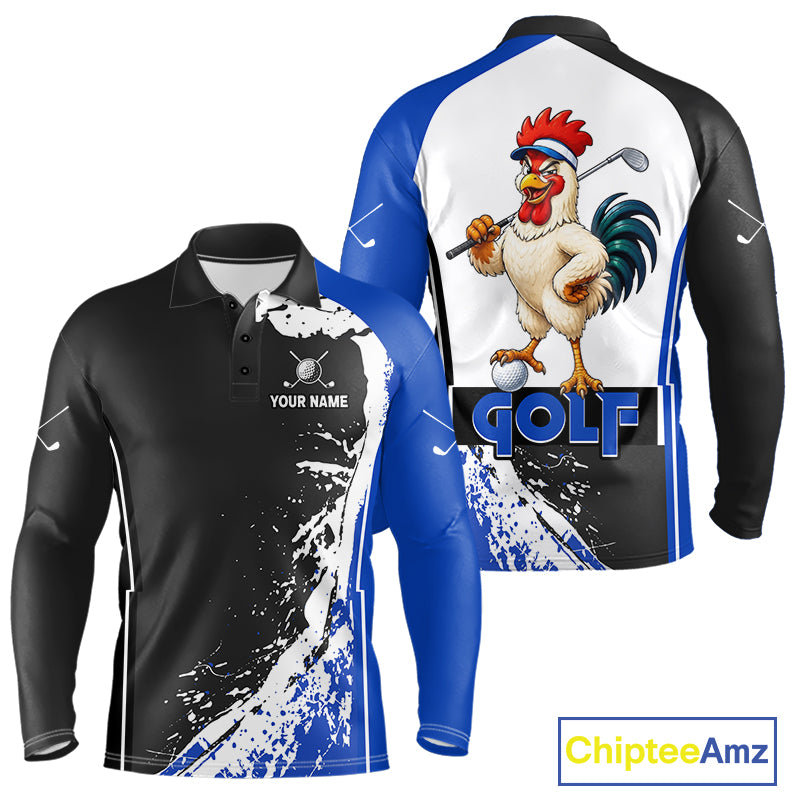 Funny Rooster Men's Golf Polo Shirt mockup featuring blue splatter rooster design, personalized golf apparel, custom golf team polo, funny golfer shirt, performance golf clothing.