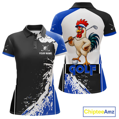 Funny Rooster Women's Golf Polo Shirt mockup with blue splatter design, personalized golf polo, rooster mascot golf apparel, custom golf team clothing, breathable performance golf shirt, golf league uniform.