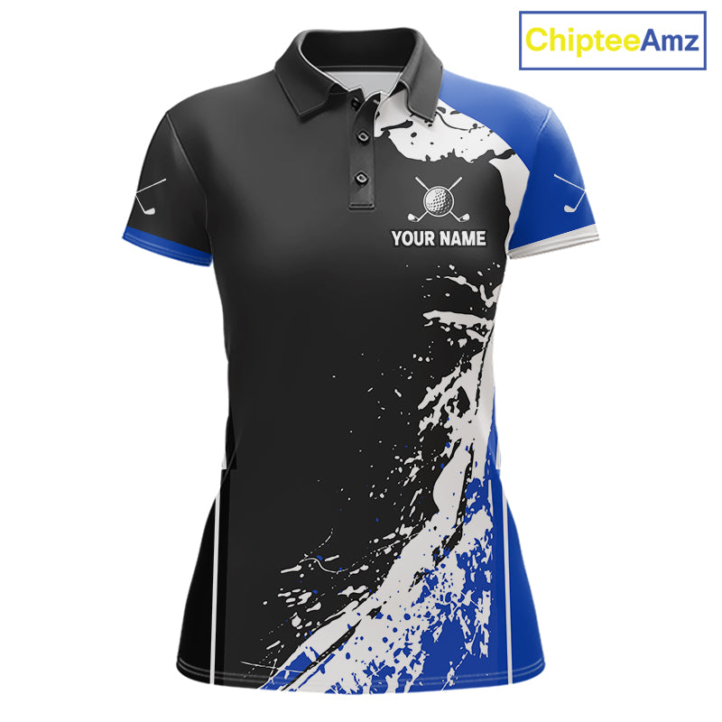Funny Rooster Women's Golf Polo Shirt mockup with blue splatter design, personalized golf polo, rooster mascot golf apparel, custom golf team clothing, breathable performance golf shirt, golf league uniform.