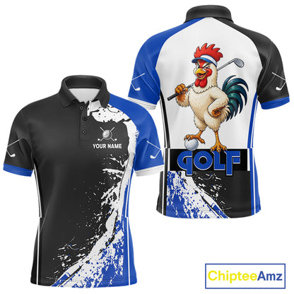 Funny Rooster Men's Golf Polo Shirt mockup featuring blue splatter rooster design, personalized golf apparel, custom golf team polo, funny golfer shirt, performance golf clothing.