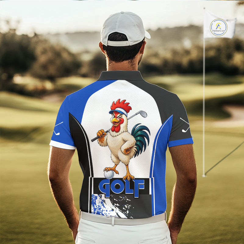 Men's model wearing Funny Rooster Golf Polo Shirt, country golf apparel, rooster mascot sportswear, personalized golf outfit, custom golf team fashion.
