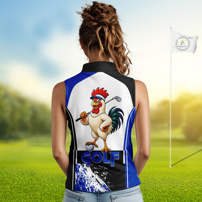 Women's model wearing Funny Rooster Golf Polo Shirt, farmhouse golf apparel, rooster mascot golf fashion, personalized golf clothing, country lifestyle sportswear, custom golf outfit.