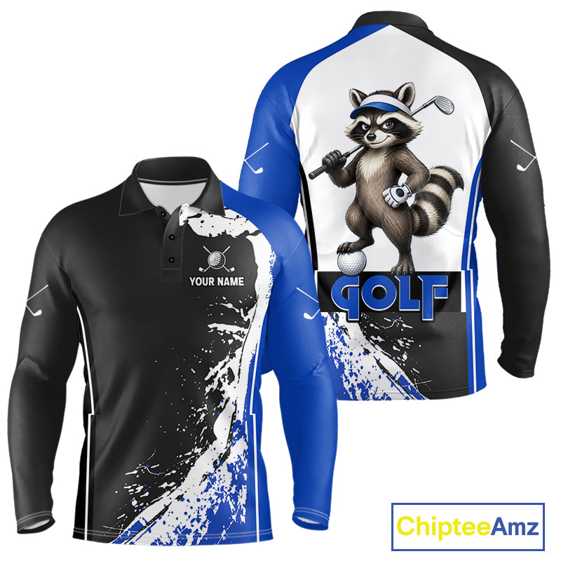 Funny Raccoon Men's Golf Polo Shirt mockup with blue splatter artwork, personalized golf polo, custom golf team apparel, wildlife golf clothing, breathable golf shirt, golf tournament uniform.