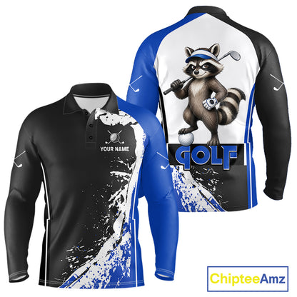 Funny Raccoon Men's Golf Polo Shirt mockup with blue splatter artwork, personalized golf polo, custom golf team apparel, wildlife golf clothing, breathable golf shirt, golf tournament uniform.