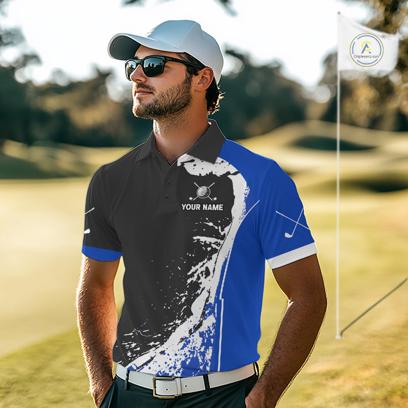 Men's model wearing Funny Raccoon Golf Polo Shirt, personalized golf clothing, woodland sportswear, custom golf team apparel, performance golf polo.