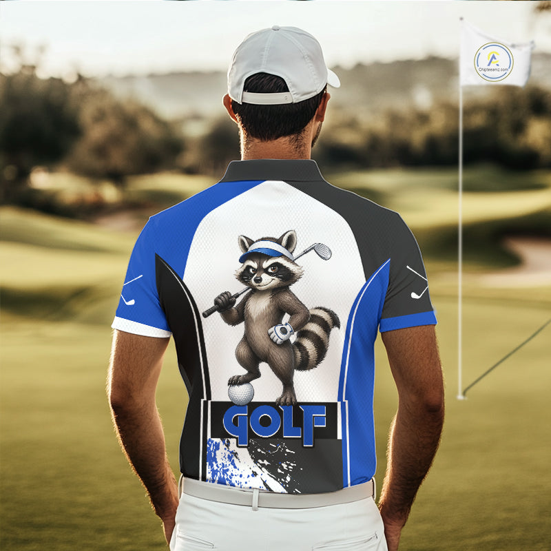 Men's model wearing Funny Raccoon Golf Polo Shirt, personalized golf clothing, woodland sportswear, custom golf team apparel, performance golf polo.