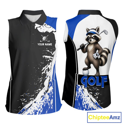 Funny Raccoon Golfer Women's Sleeveless Golf Polo mockup featuring blue splatter raccoon mascot, personalized golf apparel, custom golf team clothing, woodland golf fashion, funny golf gift, performance golf polo.
