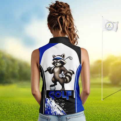 Women's model wearing Funny Raccoon Golf Polo Shirt, woodland golf apparel, raccoon mascot golf fashion, personalized golf outfit, custom golf team clothing.