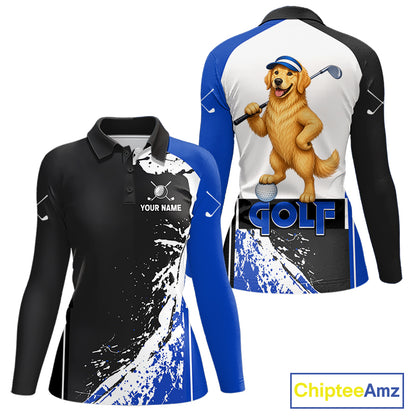 Funny Golden Retriever Women's Golf Polo Shirt mockup with blue splatter artwork, personalized golf polo, dog lover golf apparel, custom golf team clothing, breathable golf shirt, golf tournament uniform.