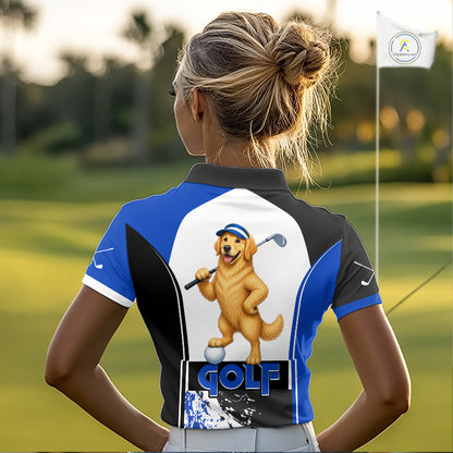 Women's model wearing Golden Retriever Golf Polo Shirt, dog lover golf apparel, pet sportswear, personalized golf outfit, custom golf clothing, golf lifestyle fashion.
