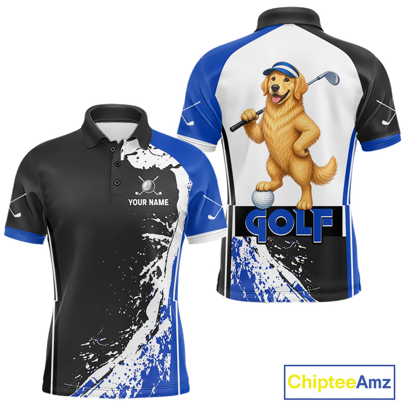 Funny Golden Retriever Men's Golf Polo Shirt mockup featuring blue splatter dog design, personalized golf apparel, custom golf team polo, pet lover golf clothing.