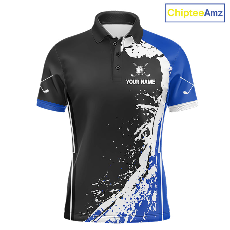 Funny Golden Retriever Men's Golf Polo Shirt mockup featuring blue splatter dog design, personalized golf apparel, custom golf team polo, pet lover golf clothing.