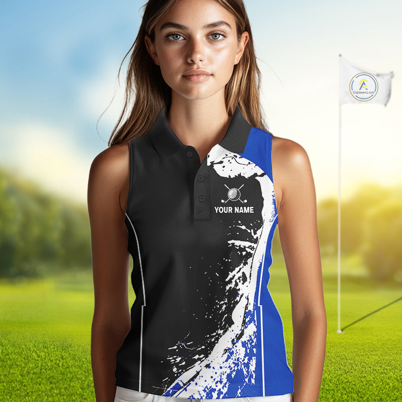 Women's model wearing Golden Retriever Golf Polo Shirt, dog lover golf apparel, pet sportswear, personalized golf outfit, custom golf clothing, golf lifestyle fashion.