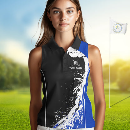 Women's model wearing Golden Retriever Golf Polo Shirt, dog lover golf apparel, pet sportswear, personalized golf outfit, custom golf clothing, golf lifestyle fashion.