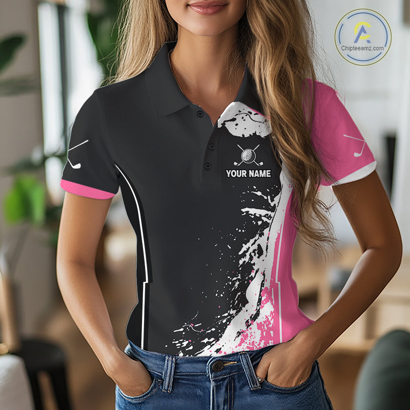 Women's model wearing Funny Flamingo Golf Polo Shirt, tropical golf fashion, summer golf apparel, personalized golf outfit, flamingo sportswear, custom golf team clothing.
