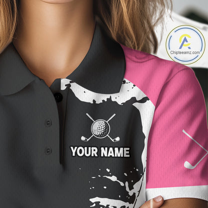 Women's model wearing Funny Flamingo Golf Polo Shirt, tropical golf fashion, summer golf apparel, personalized golf outfit, flamingo sportswear, custom golf team clothing.