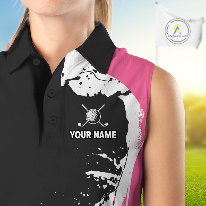 Women's model wearing Funny Flamingo Golf Polo Shirt, tropical golf fashion, summer golf apparel, personalized golf outfit, flamingo sportswear, custom golf team clothing.