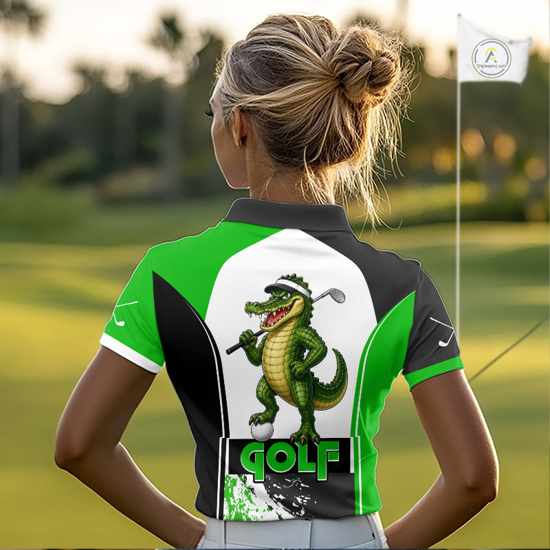 Women's model wearing Funny Alligator Golf Polo Shirt, Florida golf apparel, alligator mascot sportswear, personalized golf clothing, custom golf team fashion.