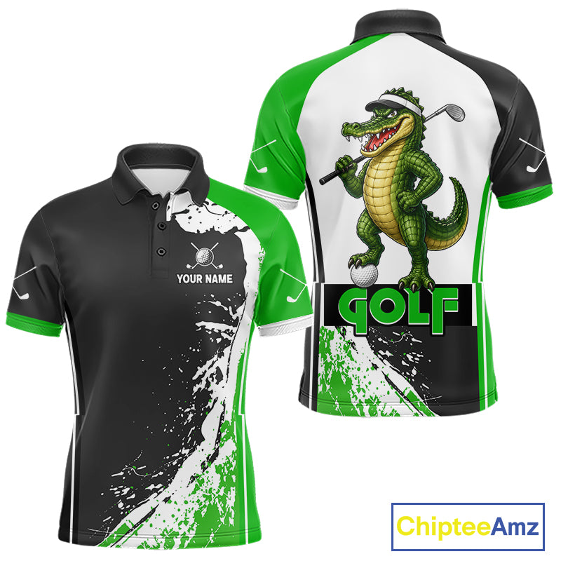 Funny Alligator Men's Golf Polo Shirt mockup featuring green splatter alligator design, personalized golf apparel, custom golf team polo, wildlife golf clothing.