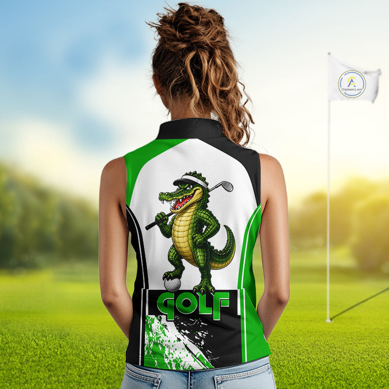 Women's model wearing Funny Alligator Golf Polo Shirt, Florida golf apparel, alligator mascot sportswear, personalized golf clothing, custom golf team fashion.