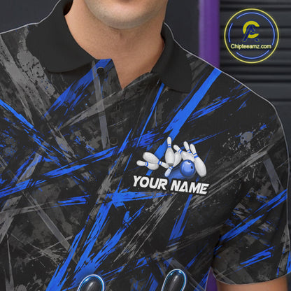Black And Blue Strikes Grunge Bowling Polo & 1/4-Zip Shirt For Men Custom Thunder Bowling Team Jersey NYN3267
