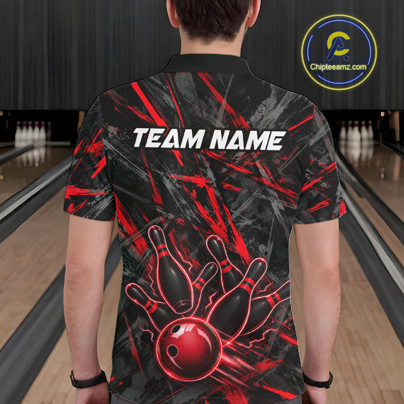 Black And Red Strikes Grunge Bowling Polo & 1/4-Zip Shirt For Men Custom Thunder Bowling Team Jersey NYN3268