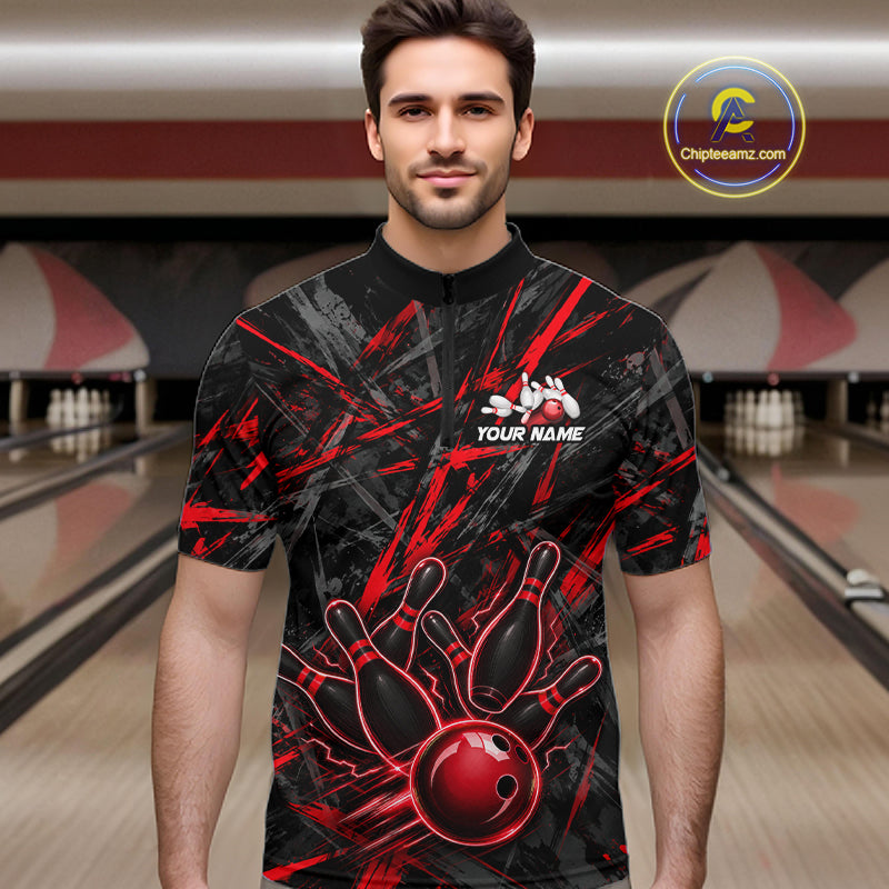 Black And Red Strikes Grunge Bowling Polo & 1/4-Zip Shirt For Men Custom Thunder Bowling Team Jersey NYN3268