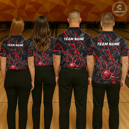 Black And Red Strikes Grunge Bowling Polo & 1/4-Zip Shirt For Men Custom Thunder Bowling Team Jersey NYN3268