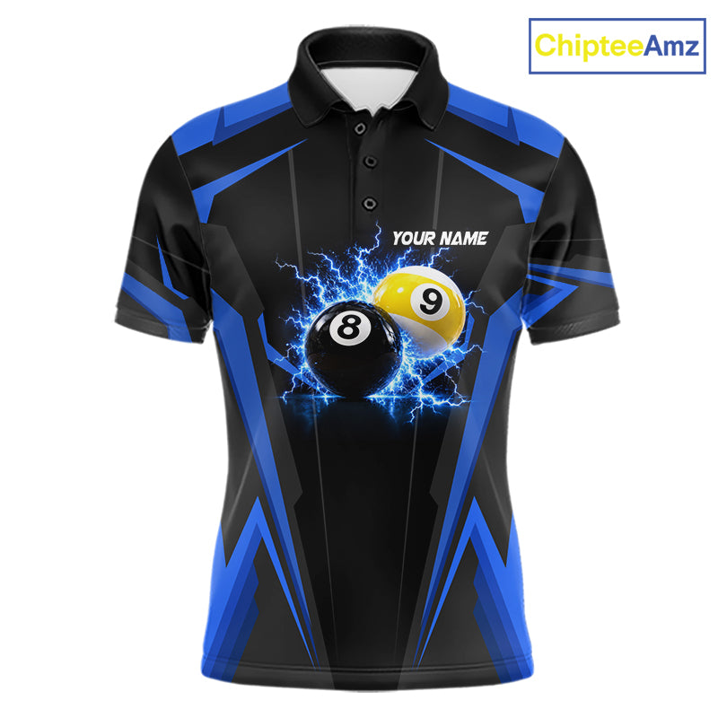 Custom 8 Ball & 9 Ball men's billiard polo shirt, personalized thunder billiard team jersey, blue pool league shirt, custom pool player apparel, professional billiard uniform